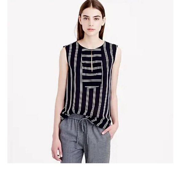 J. Crew Size 0 Black and White Striped Front Keyhole Detail Sleeveless Blouse - Picture 1 of 5